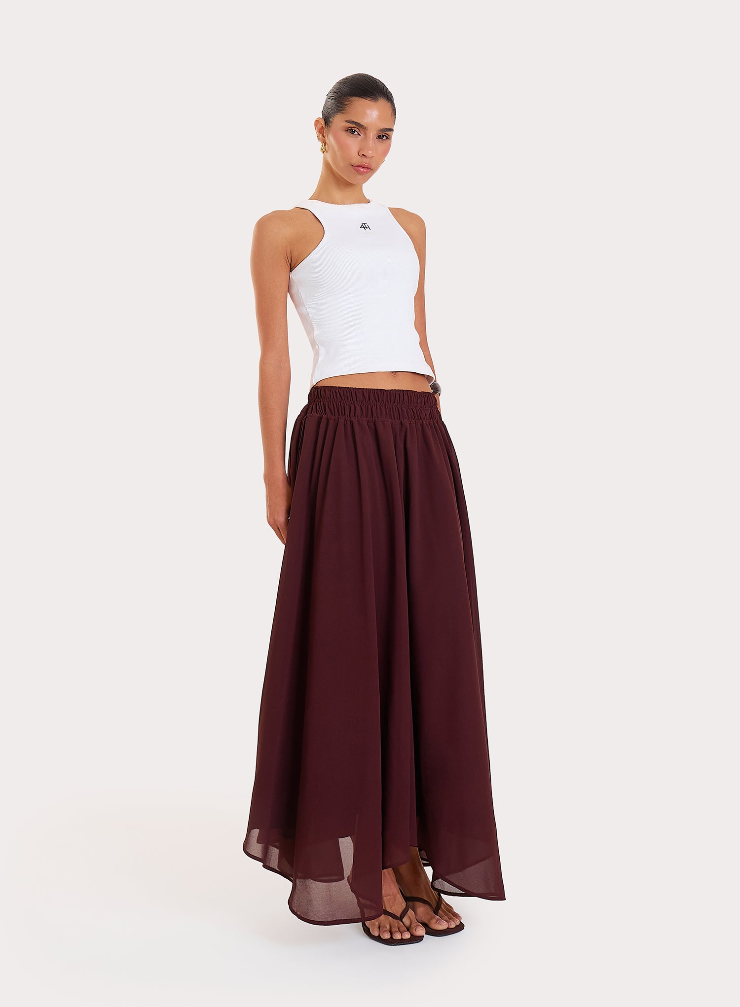 Chocolate Chiffon Asymmetric Hem Maxi Skirt
